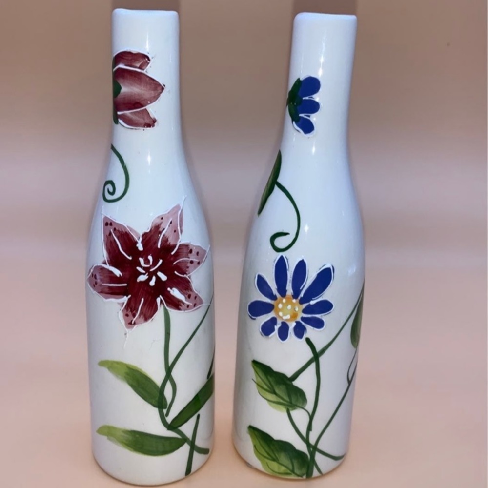 2 Hand painted bud vases with colorful flowers  7"
